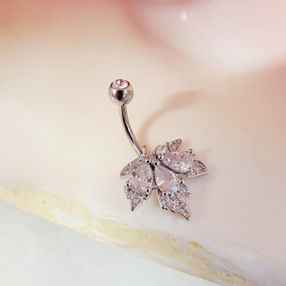 Leaf shaped clear cubic zirconia 14G belly button ring with gem ball - Picture 3 of 6
